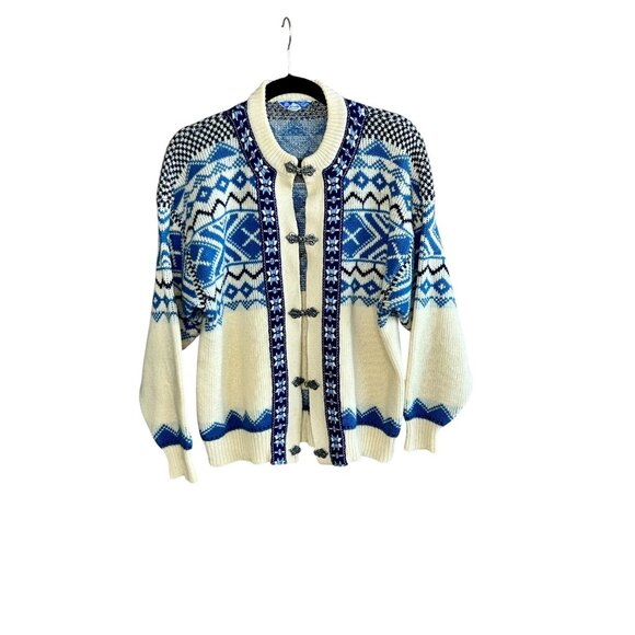 Scan Alp New Zealand Vintage Nordic Fair Isle 100% Wool Cardigan Sweater Pewter - Picture 4 of 11